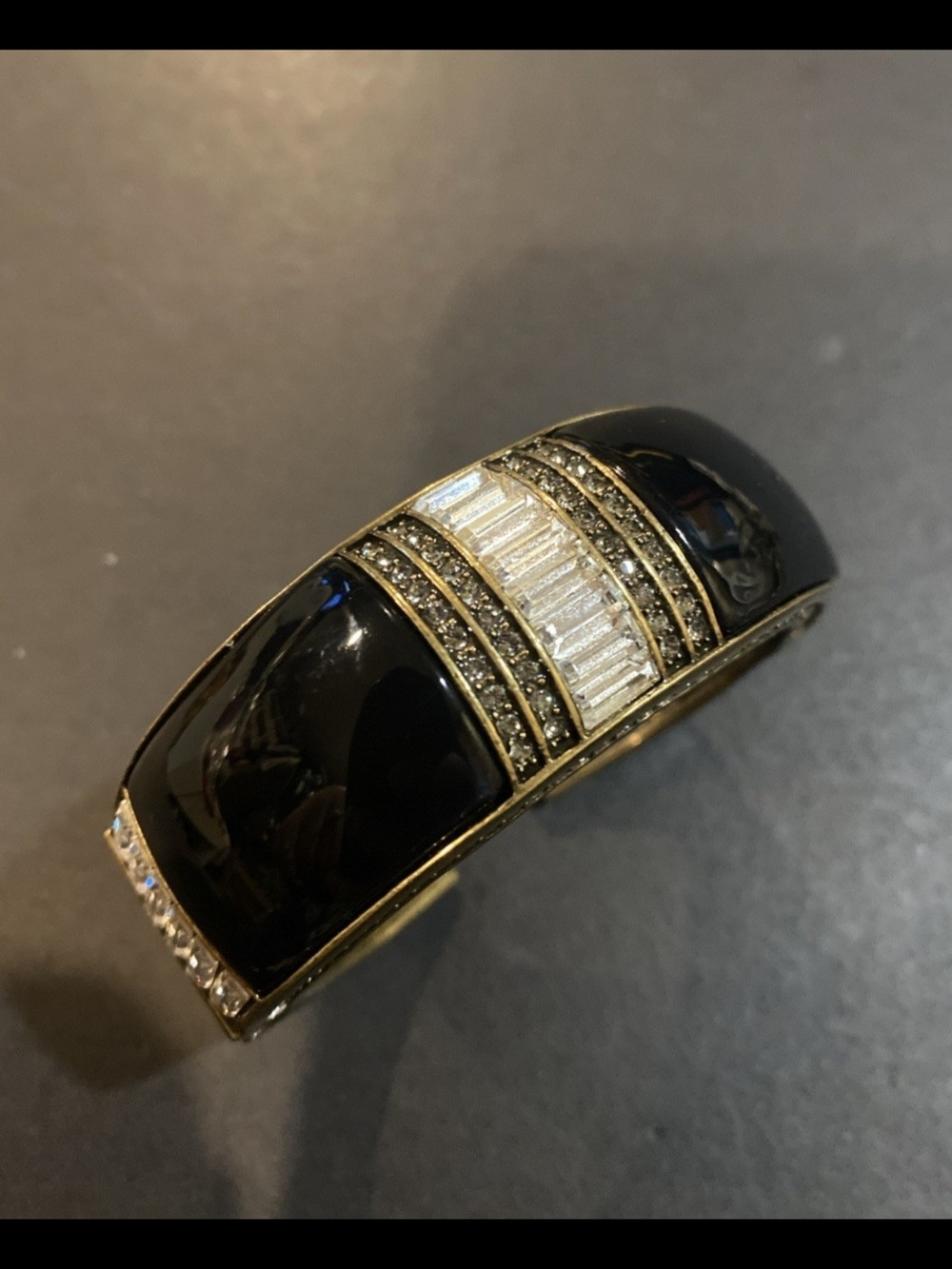 Heidi Daus Black Enamel and Crystal Baguette Cuff Bracelet